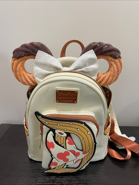 Loungefly Handbags - Loungefly Cream Mickey churro Ear Mini Backpack with Glitter Bow headband